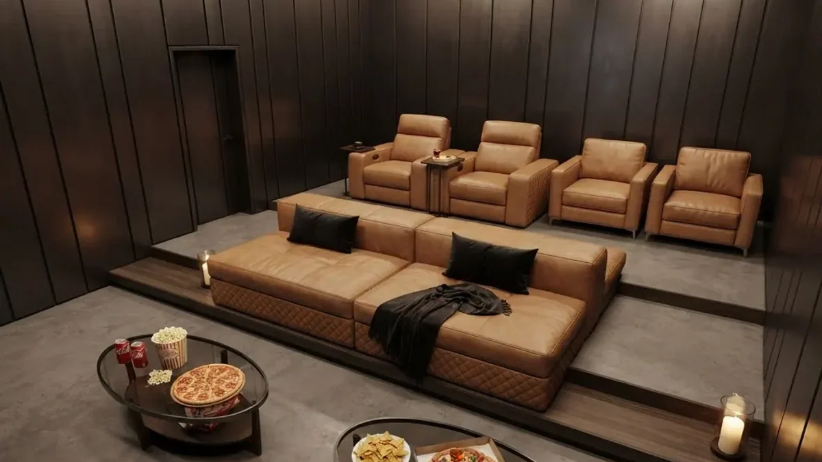 Basement home theater with a raised platform of four tan leather recliners behind a deep leather sofa at floor level, dark paneled walls, a low table with popcorn and pizza, and candles on the floor