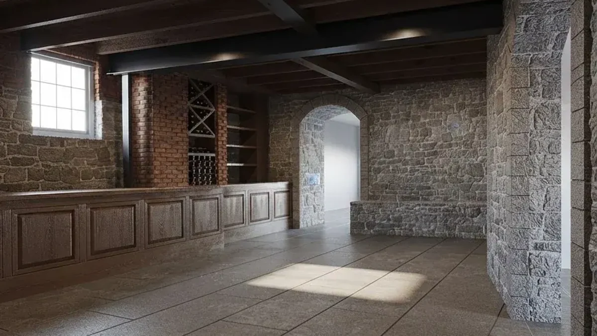 Old stone basement with rough stone and brick walls, a small high window letting in a patch of daylight, dark exposed ceiling joists, a paneled wood counter, a wine rack and an arched stone doorway