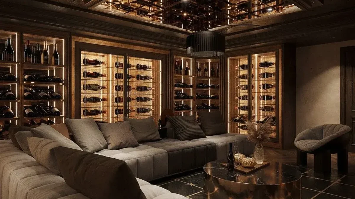 Basement wine lounge with floor to ceiling lit wine racks in dark wood frames, a deep gray sectional sofa, a round bronze coffee table, dark marble floor and a dark ceiling with lit edges