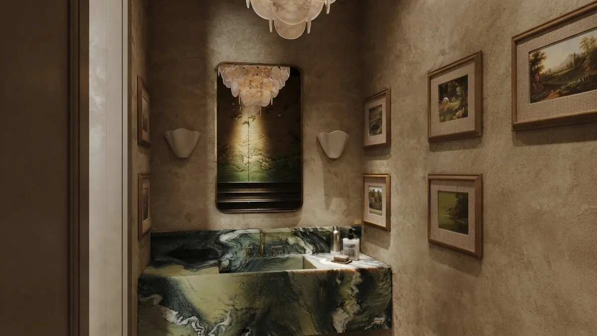 AI render of a windowless powder room with limewashed walls, a green marble basin slab and framed pictures
