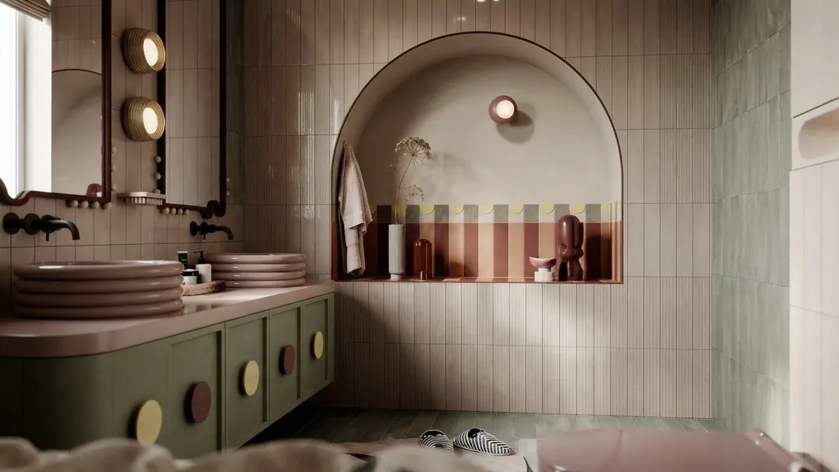 AI render of a colour blocked bathroom with sage green joinery, dusty pink basins and an arched striped niche