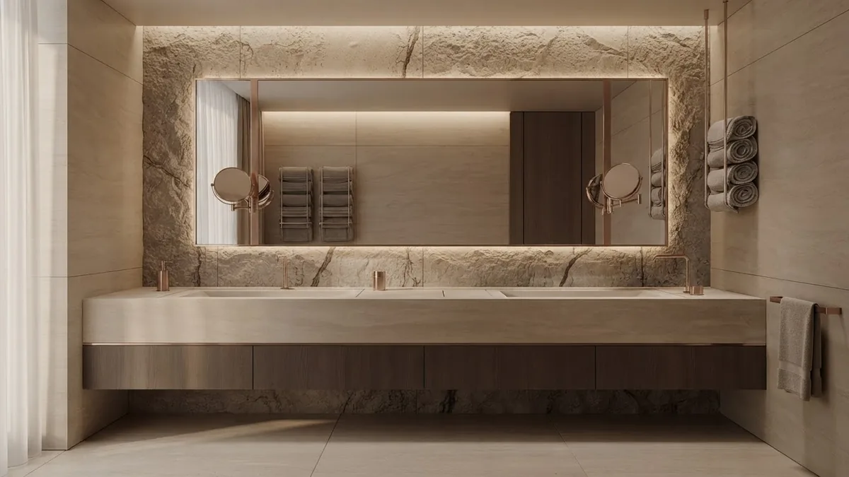 Photorealistic AI render of a warm travertine bathroom with a long stone trough basin, backlit mirror and rolled towels