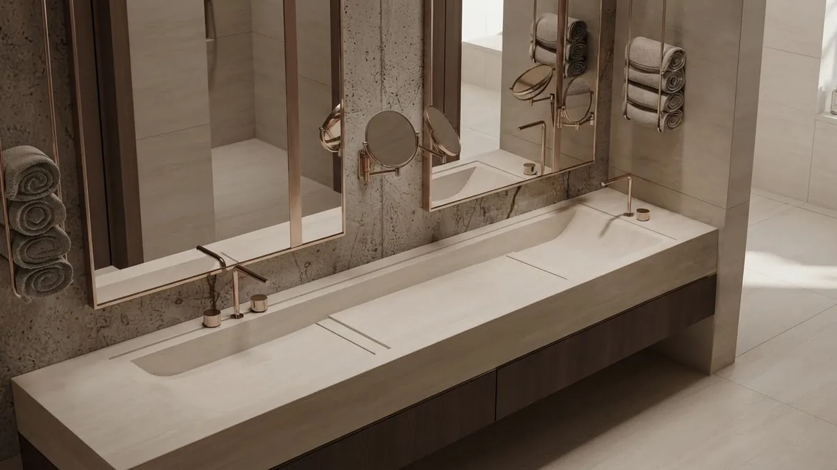AI render of an ensuite with a long stone trough basin, dark oak vanity and two mirrors above travertine walls