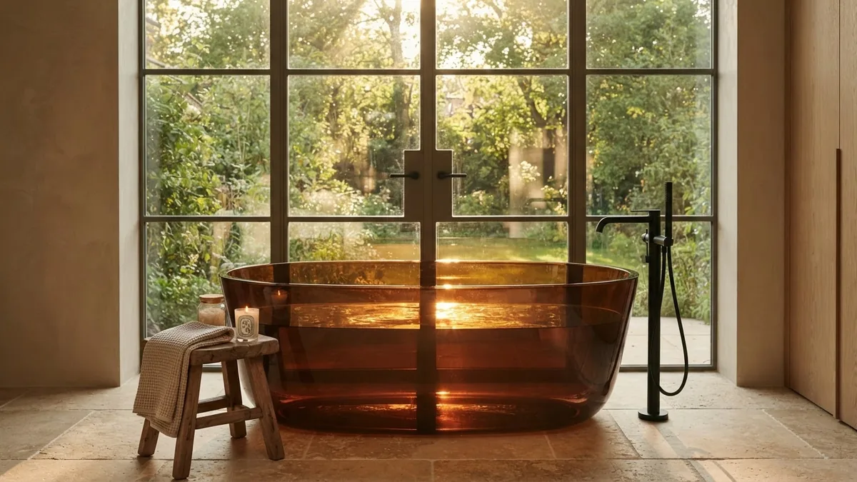 AI render of a freestanding amber bath in front of a full height window with a garden view and a stone floor