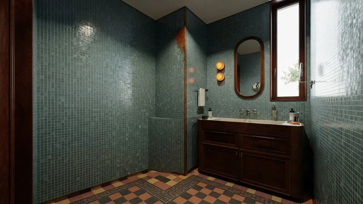 AI render of a small bathroom with teal glazed tile, a terracotta checkerboard floor and a dark timber vanity