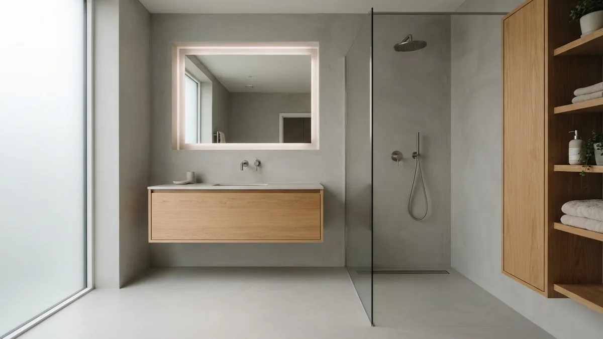 AI render of a microcement bathroom with seamless grey walls, warm oak joinery and a backlit recessed mirror