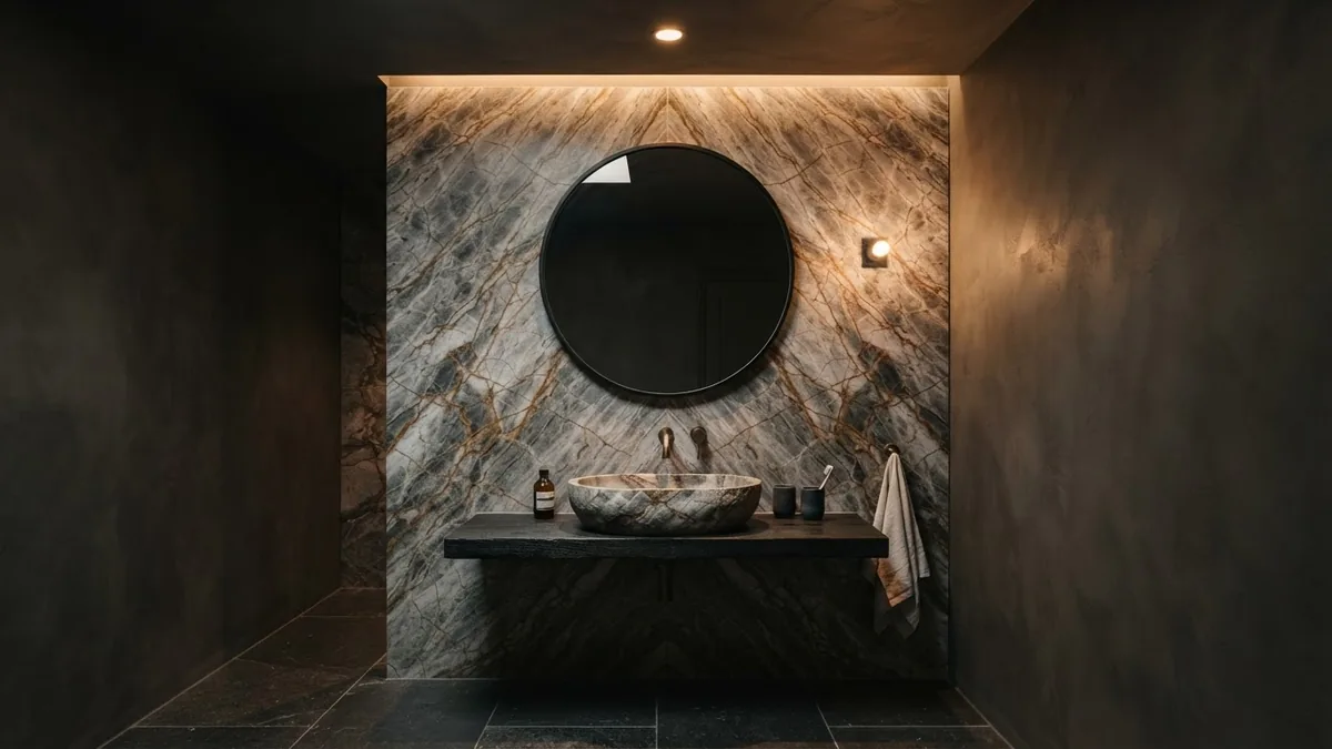 AI render of a dark bathroom with a bookmatched veined stone wall, round mirror and integrated stone basin