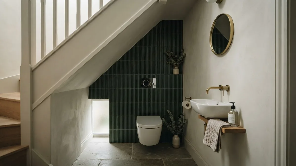 AI render of a small guest cloakroom with a wall hung WC, compact basin and a single strong feature wall