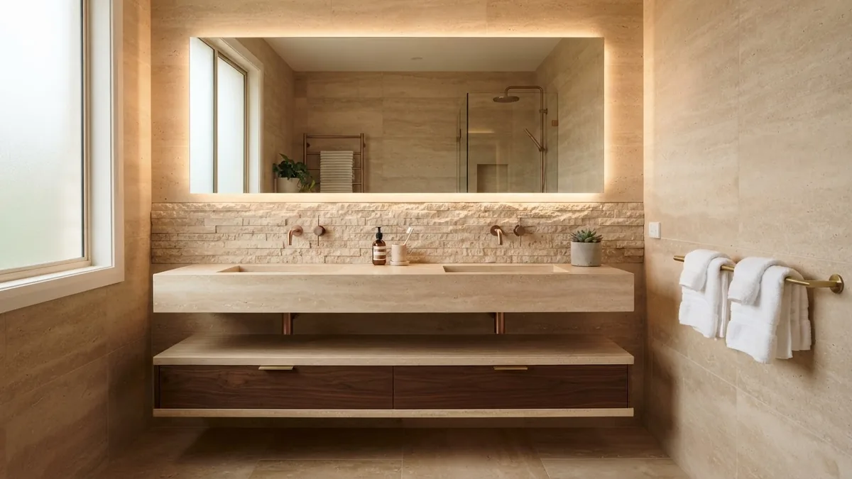 AI render of a warm travertine spa bathroom with a split-face stone band, long trough basin and backlit mirror