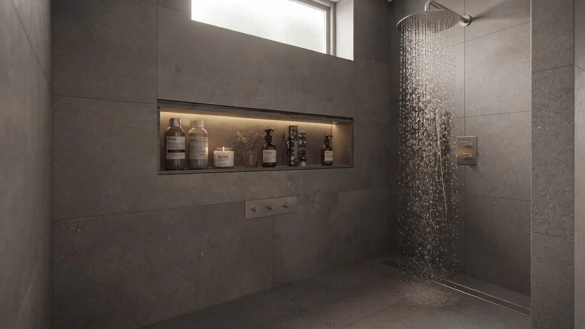 AI render of an open wet room with large format grey porcelain, a recessed lit niche and a rainfall shower head running