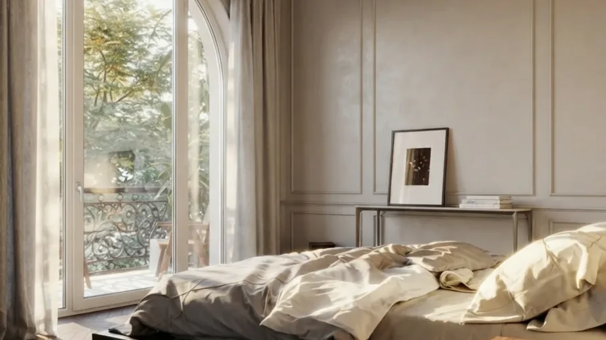 Calm classic-modern bedroom design: an unmade bed with washed linen bedding beside a tall window with morning light, panelled walls and framed art