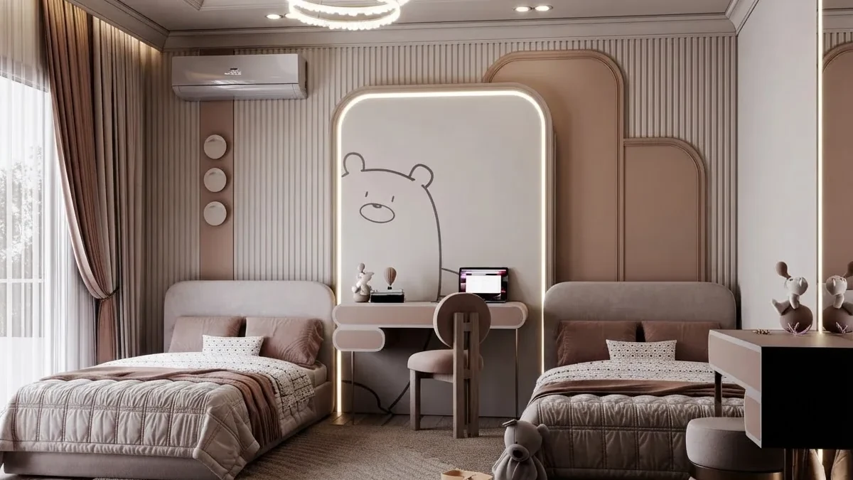 Shared kids twin bedroom design: two upholstered beds with a playful bear-shaped panel wall, a small desk and warm neutral palette