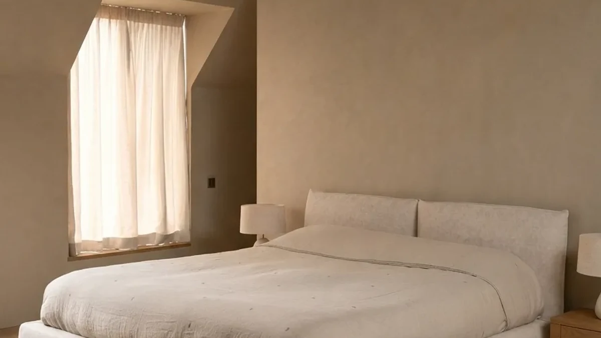 Warm minimal bedroom design: a neatly made cream bed against a plain warm wall with soft curtain light from the side