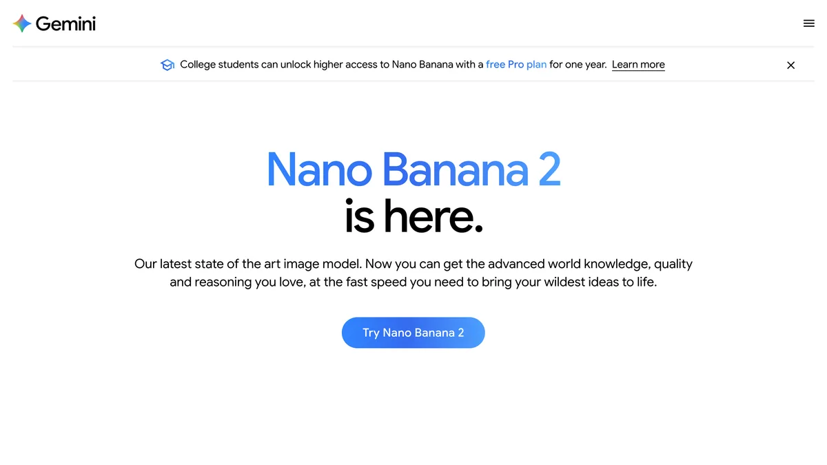 Gemini image generation overview page in English with the headline Nano Banana 2 is here, a Try Nano Banana 2 button and a student offer banner