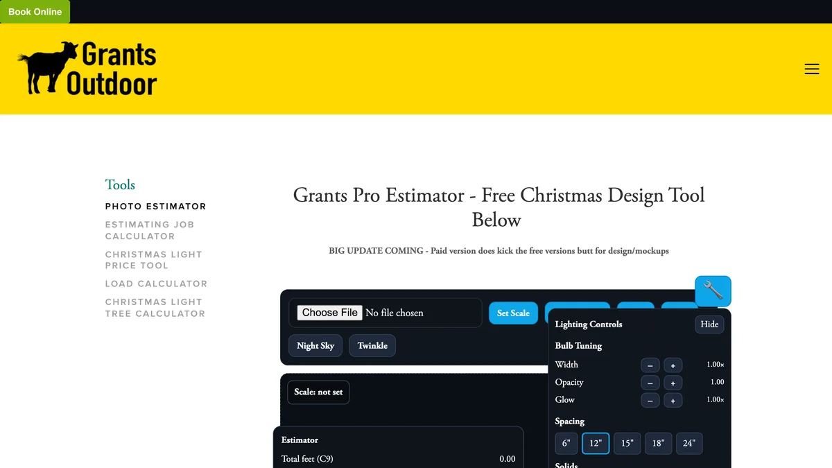 Grants Pro Estimator web tool with Set Scale, Install Lights, Night Sky and Twinkle buttons, bulb tuning sliders, spacing options from 6 to 24 inches and an estimator panel showing total feet, C9 bulbs and price