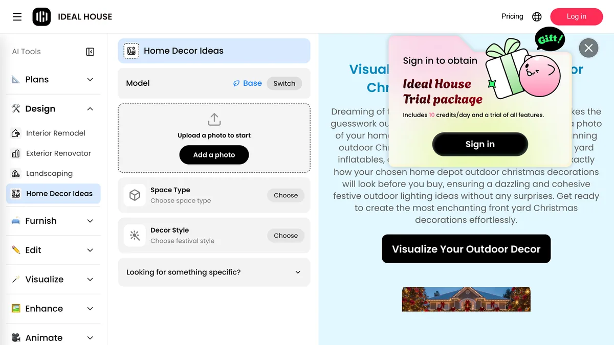 Ideal House Home Decor Ideas tool with an upload a photo box, Space Type and Decor Style choosers, a Generate button costing 3 credits and the heading Visualize Your Home Depot Outdoor Christmas Decorations with AI