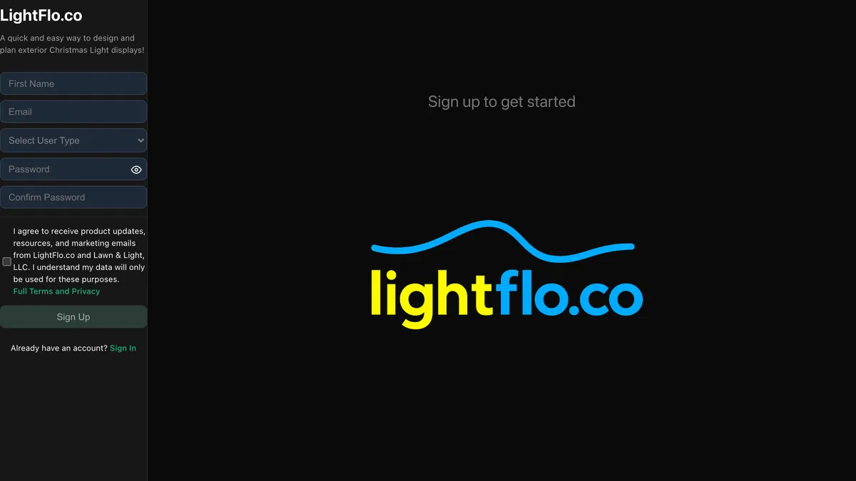 LightFlo free design app sign-up screen asking to select user type, Contractor or Homeowner, with a marketing consent checkbox and a Sign up to get started button