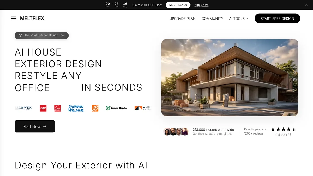 MeltFlex AI exterior design tool page with the headline AI house exterior design, restyle any apartment, house, office in seconds, a Start Now button, a 213,000 plus users badge and configuration panels for building type, architectural style and facade and roof