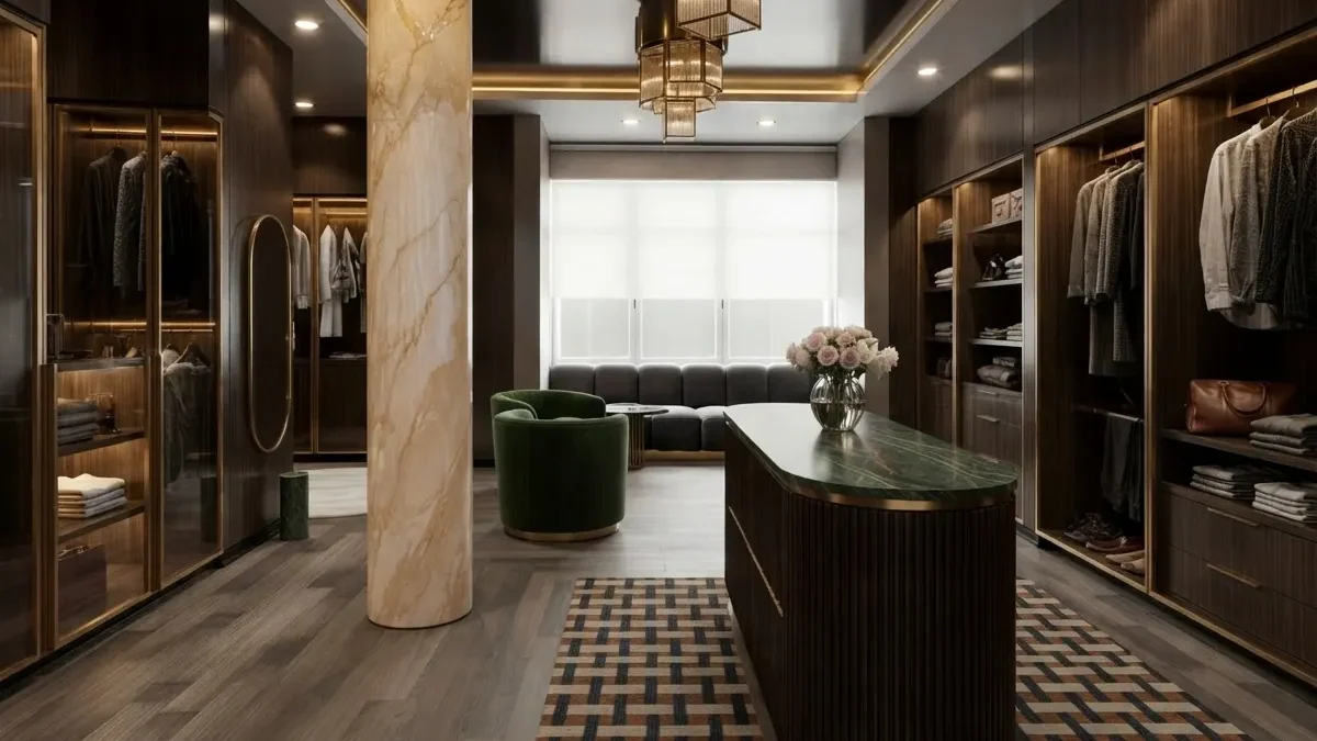 Boutique walk-in closet with dark wood and glass-front wardrobes lit from inside, a fluted dark island with a green marble top, a marble column, a herringbone rug and a green velvet lounge chair