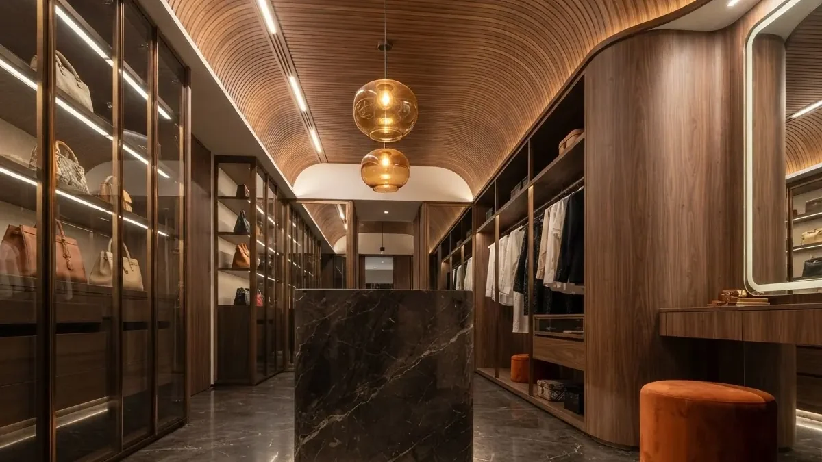 Long galley walk-in closet with walnut joinery and lit glass-front cabinets on both sides, a dark marble island, a curved wood-slat ceiling, amber glass pendants and an orange velvet stool at a vanity
