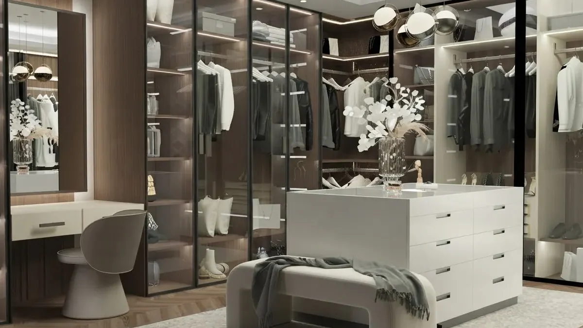 Modern dressing room with smoked glass wardrobe doors in black frames, a white island with deep drawers, a white vanity desk with a sculptural chair, a curved upholstered bench and a vase of white flowers