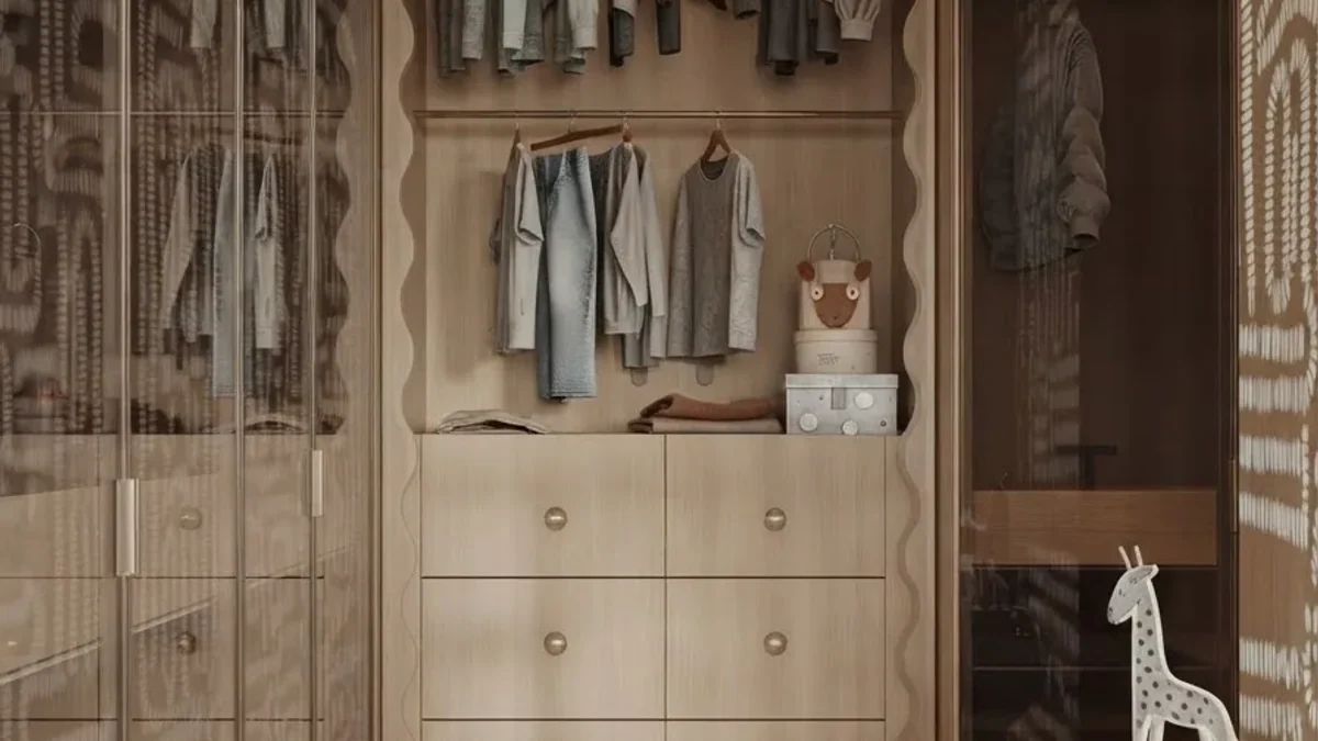 Kids walk-in wardrobe in caramel oak with a low hanging rail, a run of drawers with round knobs at child height, scalloped door edges and a wooden giraffe toy