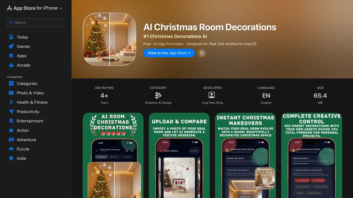 App Store listing for AI Christmas Room Decorations by Ling Hwe Ming, tagline number one Christmas decorations AI, free with in-app purchases, 65.4 MB, with screenshots titled upload and compare and instant Christmas makeovers