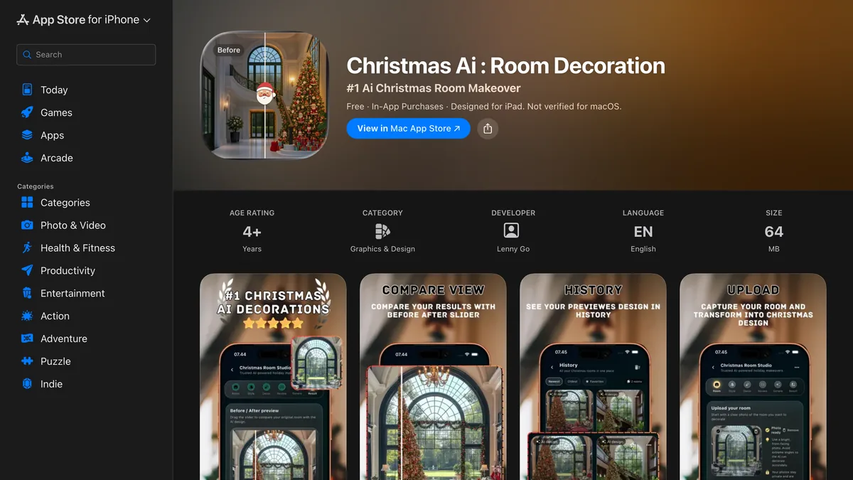 App Store listing for Christmas Ai: Room Decoration by Lenny Go, tagline number one AI Christmas room makeover, free with in-app purchases, 64 MB, with four screenshots of a decorated room and a before and after slider