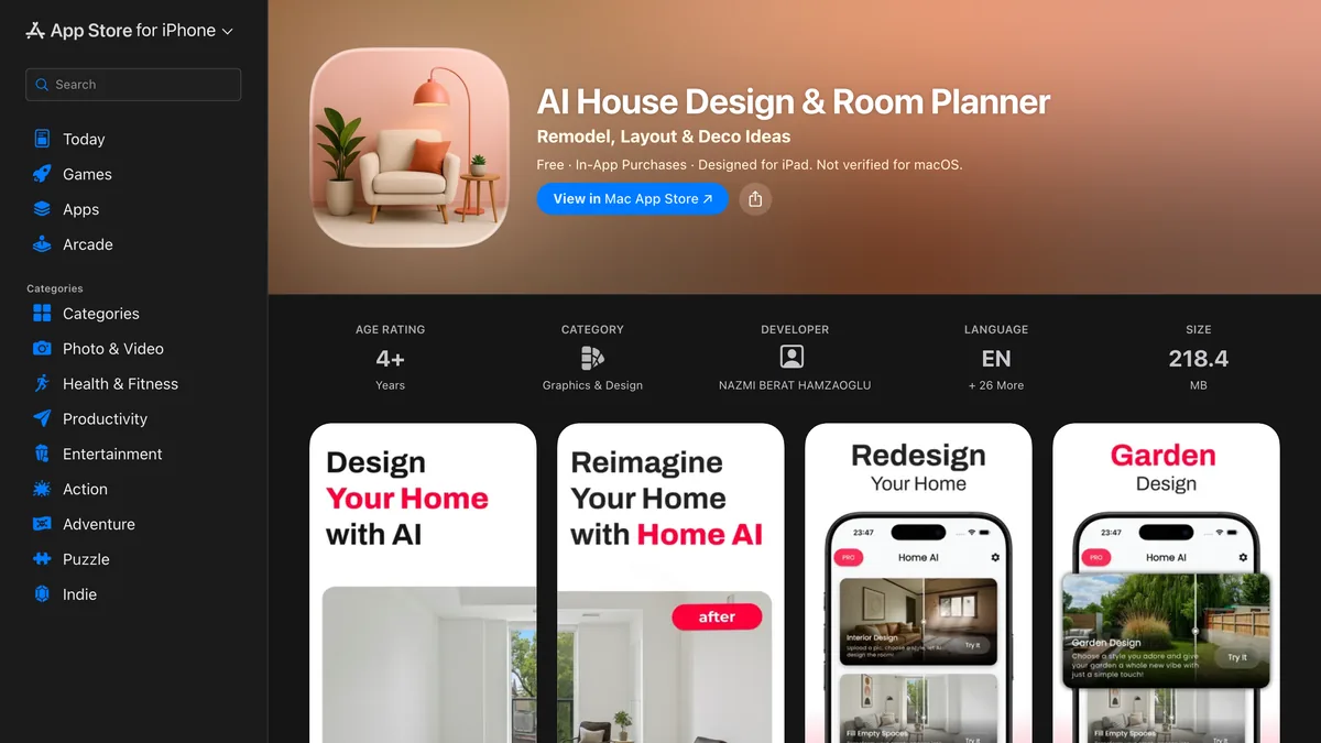 App Store listing for AI House Design and Room Planner by Nazmi Berat Hamzaoglu, subtitle Remodel, Layout and Deco Ideas, free with in-app purchases, 218.4 MB, with screenshots titled Design your home with AI and Reimagine your home with Home AI
