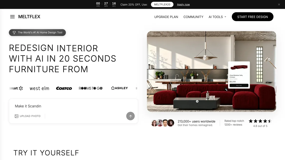 MeltFlex create page with the headline Redesign interior with AI in 20 seconds, furniture from, a row of retailer logos, an upload photo box with the prompt Make it Scandi, a rendered living room with a red modular sofa and a product tag, and a 213,000 plus users badge