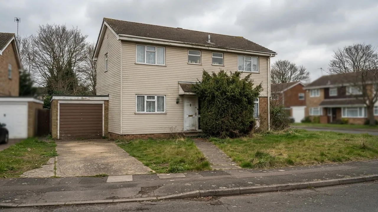 A tired 1980s two storey suburban house with dated beige vinyl siding, brown asphalt shingle roof, small white uPVC windows, an overgrown shrub by the door and a patchy lawn