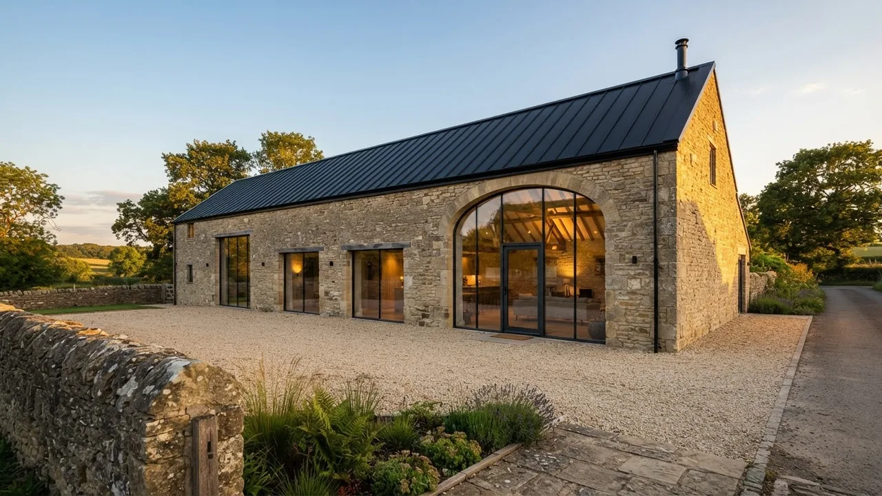 AI concept render of a converted stone barn with original openings retained, frameless glazing set behind the stone, a black standing seam roof and a gravel forecourt