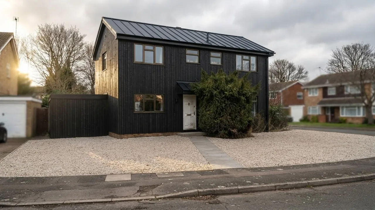 The same house clad in vertical charred black timber with shadow gaps, a black standing seam roof, bronze window frames and a pale gravel forecourt