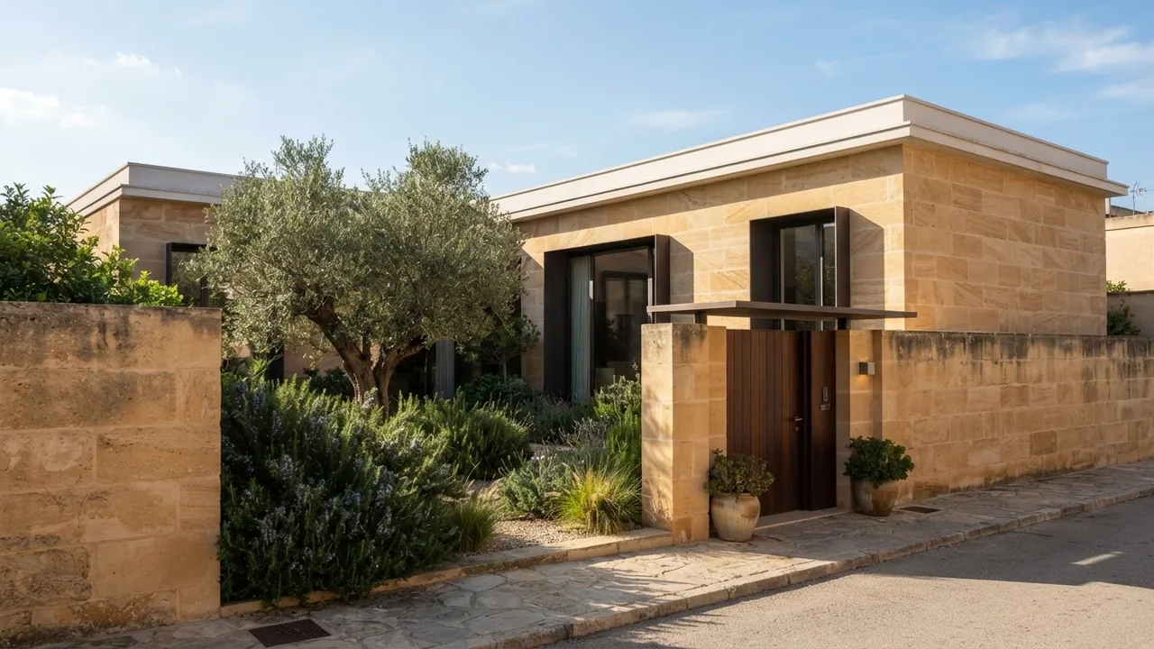 AI concept render of a single storey sandstone courtyard house with deep window reveals, a slim parapet and a walled entrance court planted with olive and rosemary