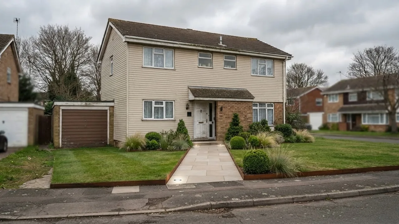 The same house with the building left as it was and only the front garden replaced: a pale stone path, clipped evergreen planting, grasses and a tidy lawn edge