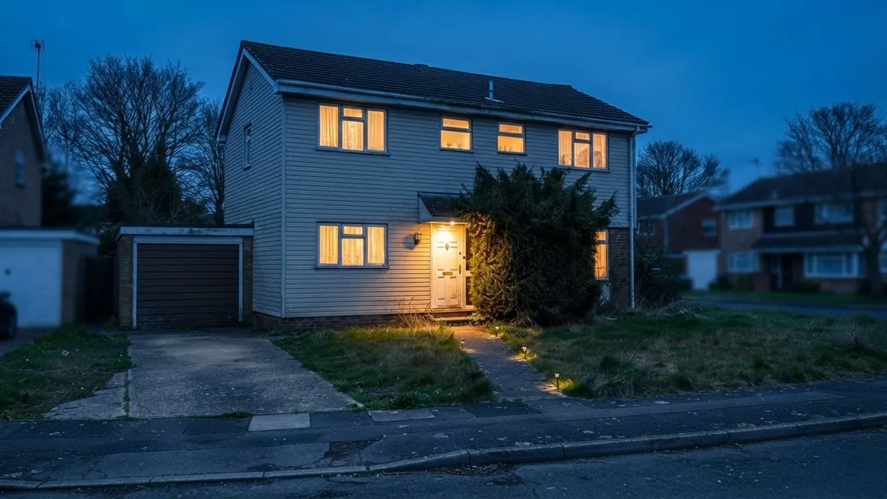 The same house relit as a dusk photograph with a deep blue sky, warm light glowing from every window and low path lighting