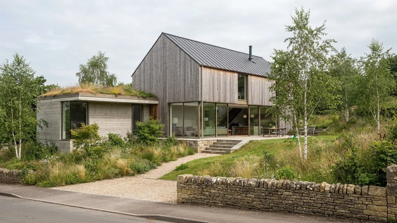 AI generated concept render of a contemporary two storey house clad in vertical larch with a board formed concrete single storey wing and a sedum roof