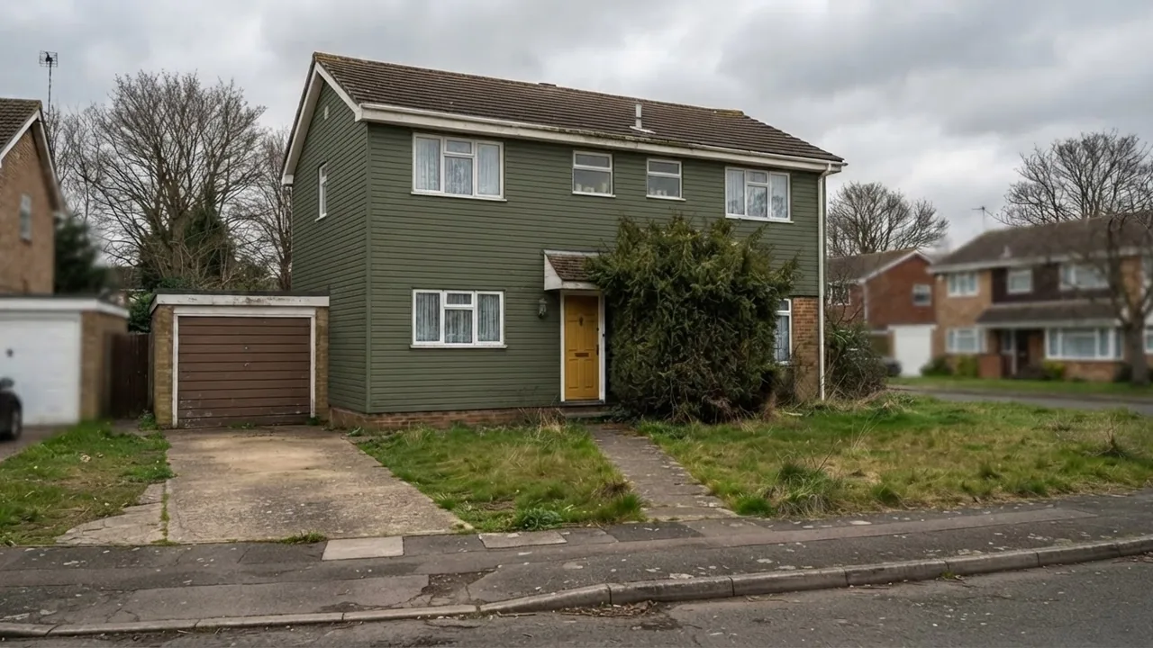 The same house repainted with deep olive green siding, off white window frames and fascia and a warm mustard front door, with all materials unchanged
