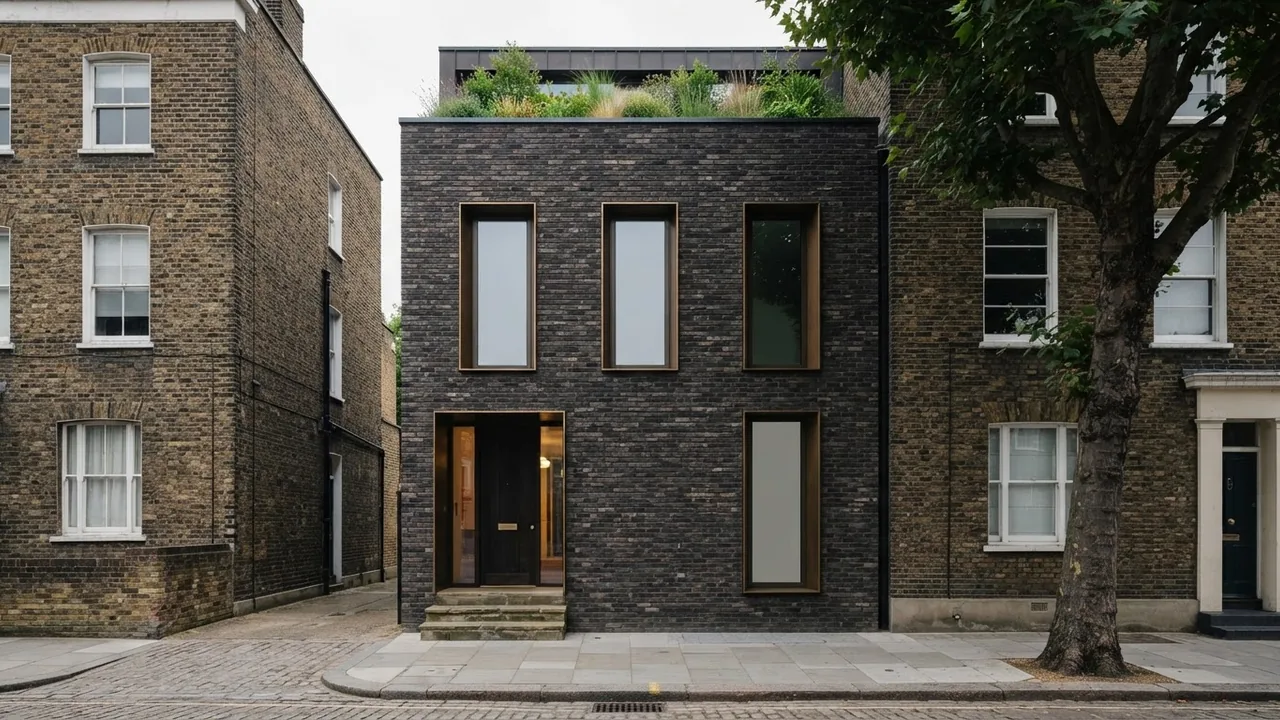 AI concept render of a narrow three storey dark brick townhouse infill between two older terraces, with bronze window reveals and a green roof at parapet level
