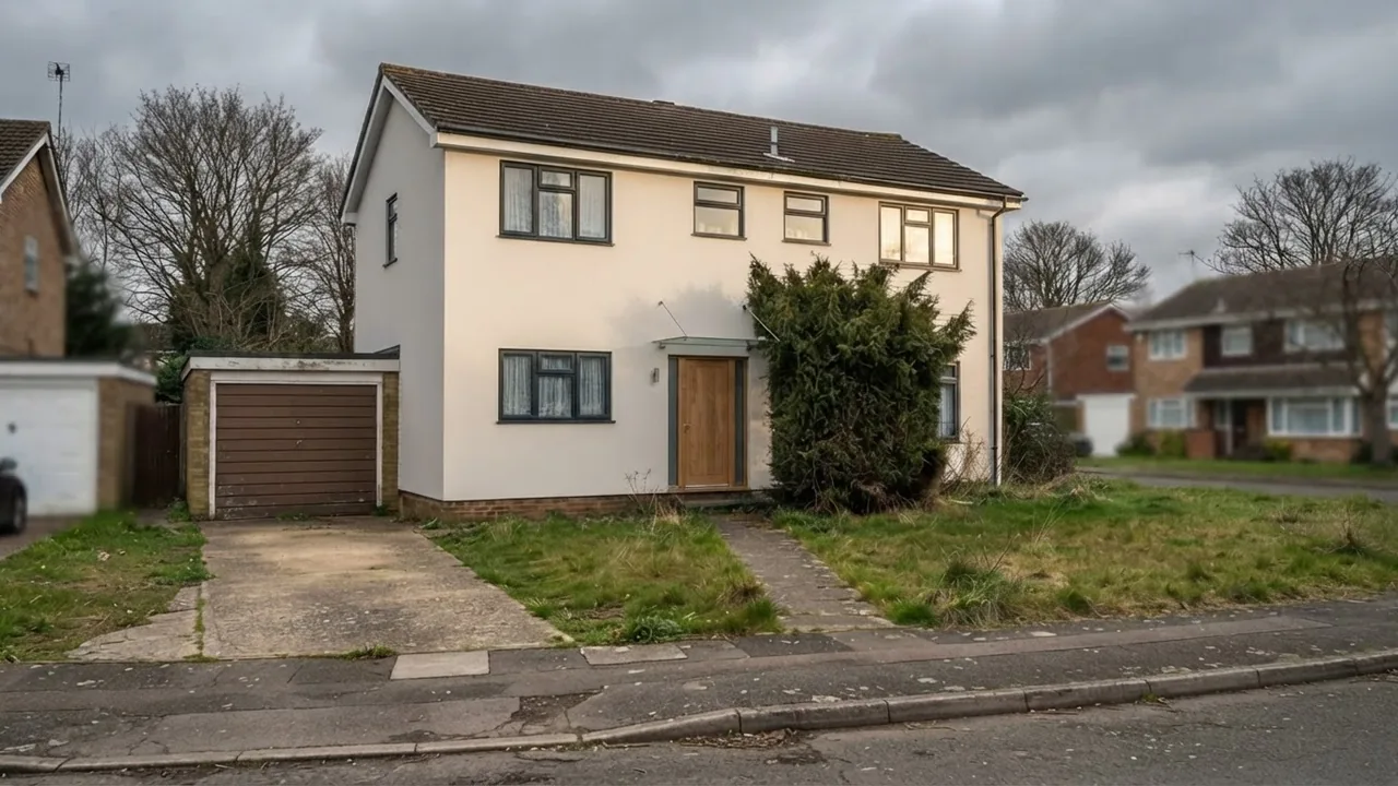 The same suburban house rendered with warm white through-coloured render, slim anthracite window frames and an oak front door