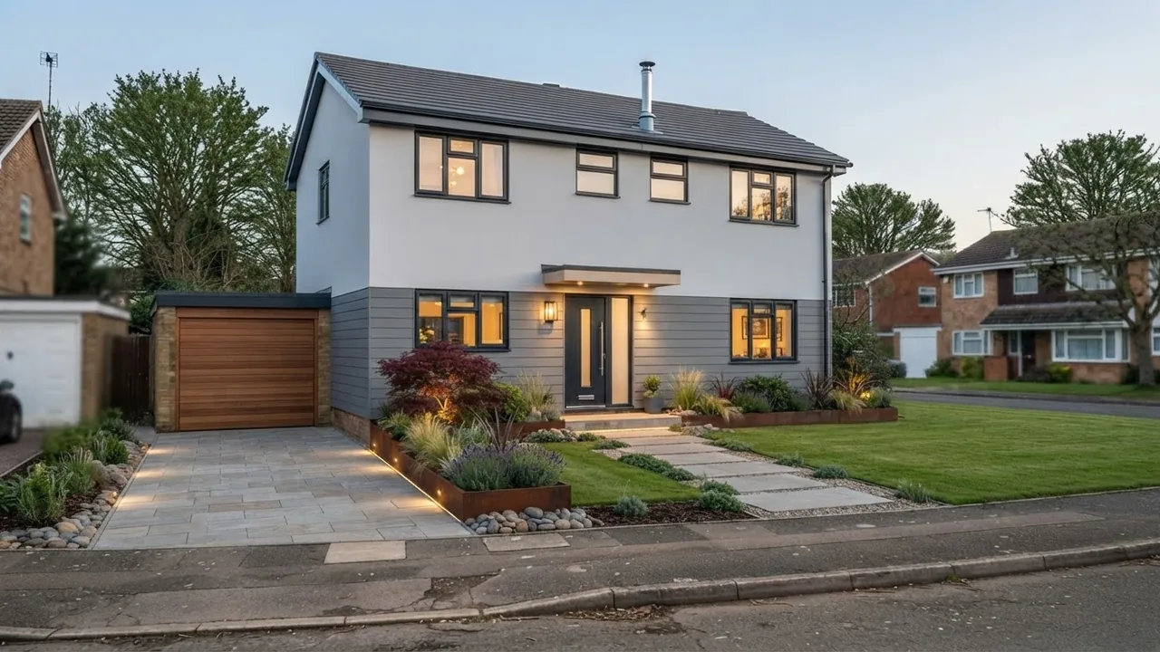 AI render from a vague prompt: an attractive modern white and grey house with new windows, a new garage door and landscaped front garden, but visibly a different house from the original