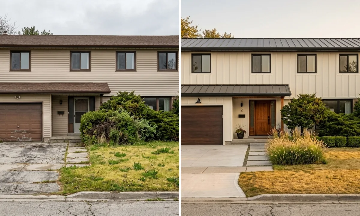 AI exterior design before and after: the same suburban house shown with dated beige vinyl siding on the left and a modern white board-and-batten farmhouse renovation on the right