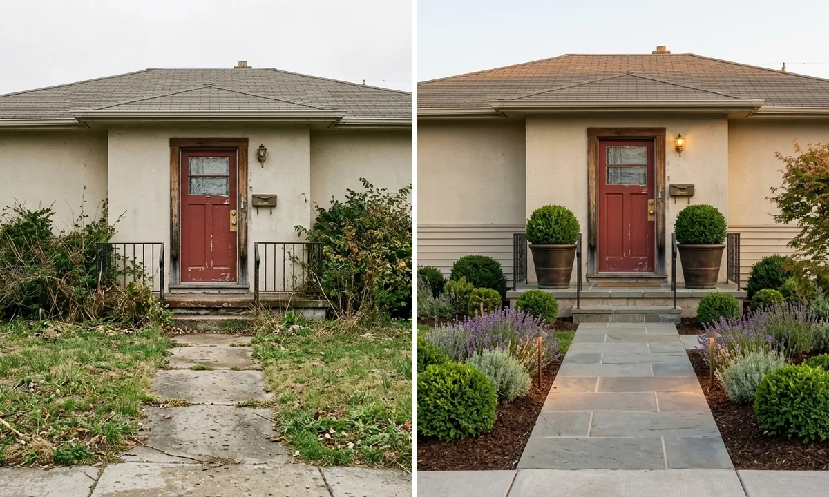 AI curb appeal before and after: a plain house entrance with a bare concrete path on the left, transformed with a stone paver walkway, layered planting beds, lavender, and boxwoods on the right