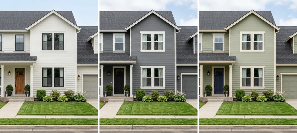 AI exterior paint visualizer showing the same two-storey house in three different color schemes: warm white with black trim, charcoal grey with white trim, and sage green with cream trim