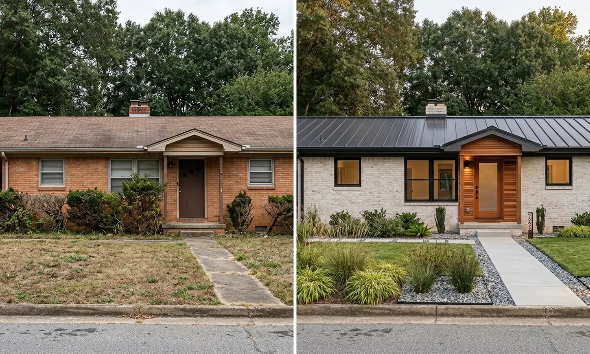AI exterior design before and after of a single-storey ranch house: dated orange brick with a carport on the left, modernised with white limewashed brick, a dark metal roof, and new landscaping on the right