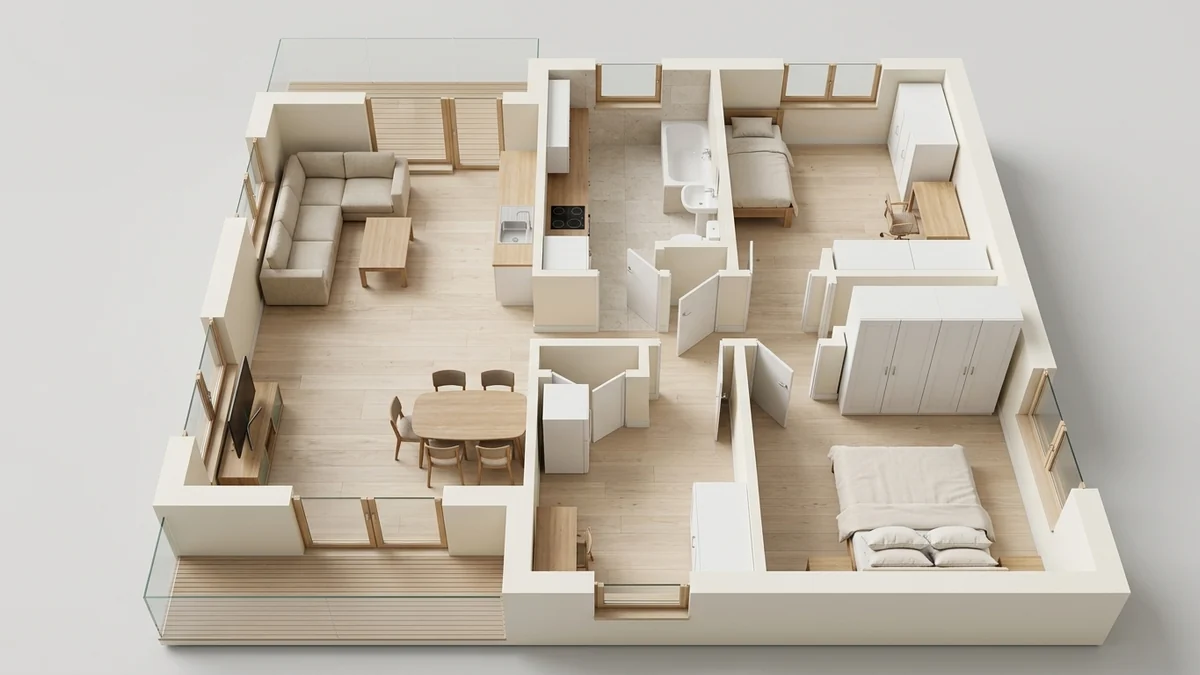 A 3D doll-house floor plan of a two-bedroom apartment with the ceiling removed, showing an L-shaped sofa and television wall, an oval dining table, a galley kitchen, a bathroom with a bath, a single bedroom with a desk and a main bedroom with a wardrobe run, all on pale oak flooring