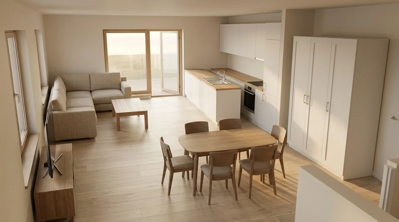 Photorealistic render of an open living and dining area: a beige L-shaped sofa and TV sideboard on the left, a glazed balcony door behind it, an oval oak dining table with six chairs in the foreground and a white galley kitchen run with sink and oven along the right wall