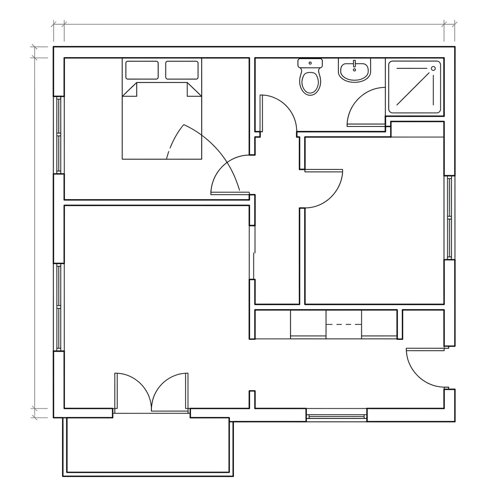 A black-line floor plan showing typical AI errors: a bedroom door swing arc sweeping straight through the double bed, a bathroom door opening into the shower tray, a cross-shaped corridor narrower than the doors leading off it, a large room with no door onto the corridor and dimension strings with tick marks but no numbers