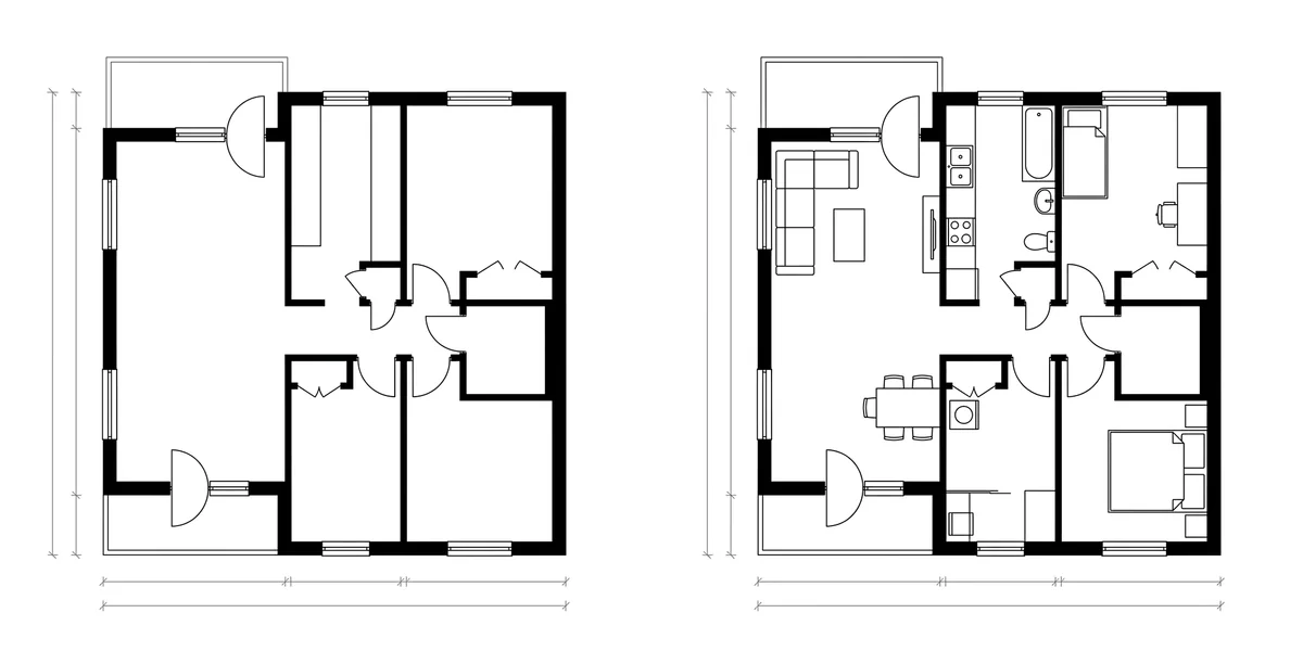 Two black-line floor plans side by side of the same two-bedroom apartment, empty on the left and on the right the identical shell with plan symbols added: an L-shaped sofa and coffee table, a dining table with four chairs, a kitchen counter with sink and hob, a bath, basin and WC, a single bed with a desk and a double bed with two bedside tables