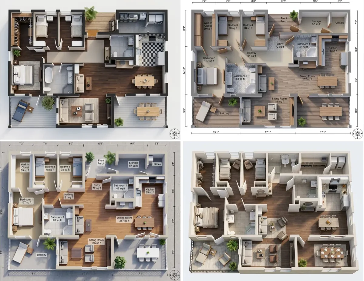 The same apartment floor plan converted to 3D in four different styles: a dark walnut modern version, a pale scandinavian version with room labels and dimensions overlaid, a warm version with tan flooring and plants on the balcony, and a cool contemporary version in grey and white